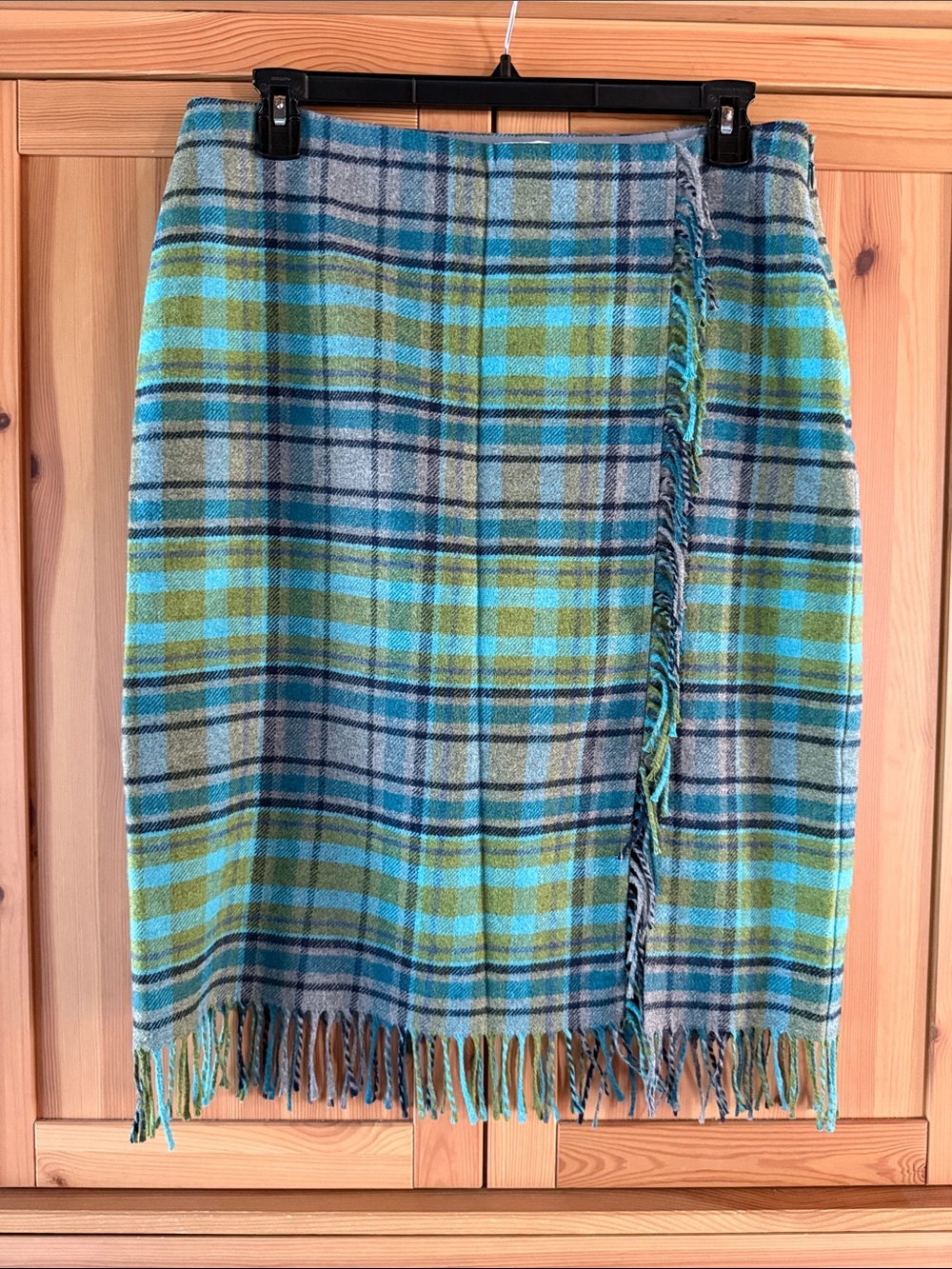 J. Jill Plaid Midi Skirt Size 14 Fringe Wool Blend Faux Wrap Pencil